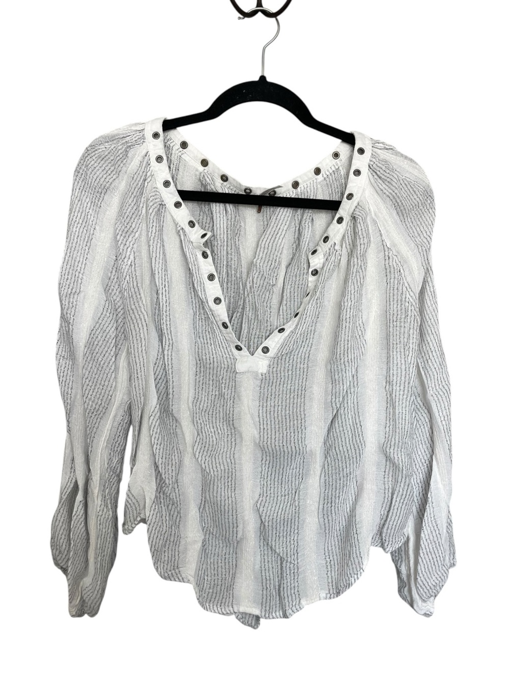 Free People White and Gray Striped Eyelet V-Neck Blouse